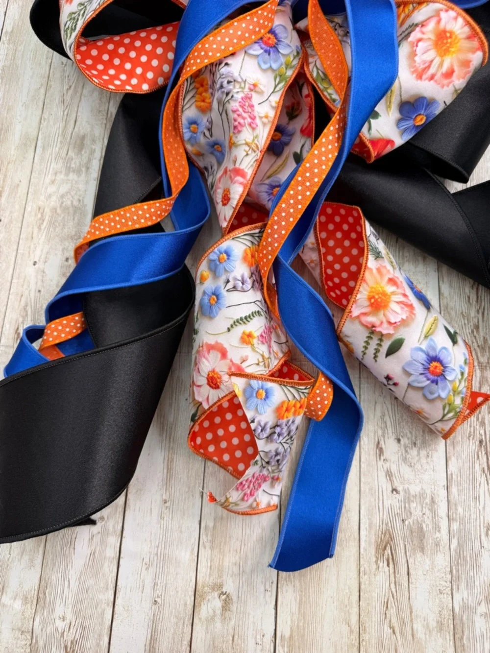 Blue, Orange & Black Floral Gift Bow - Decorative Party Ribbon